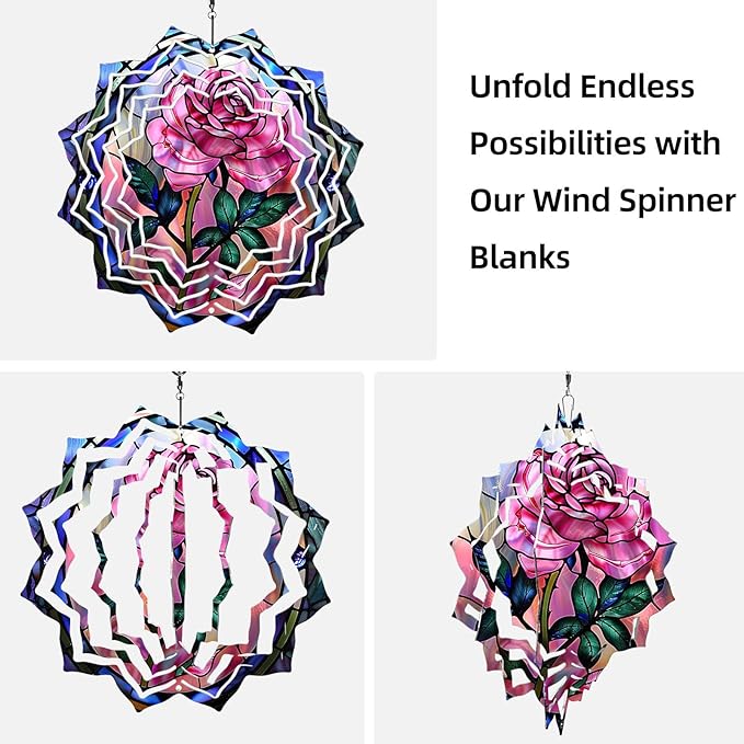 8 Inch Sublimation Wind Spinner, 3D Aluminum Metal Wind Spinner with Hook, Indoor Yard Garden Hanging Decoration, Weather Resistant Rotating Spiral Ornament, Stained Glass Rose