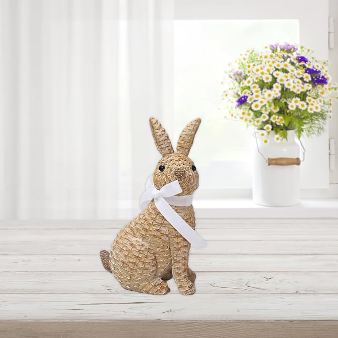 Rattan Rabbit Woven Rabbit Bow Resin Ornaments for Home Courtyard Lawn Tabletop and Easter Decoration to Enhance The Easter Atmosphere Preferred Easter Gifts (8.1in Brown Seat)