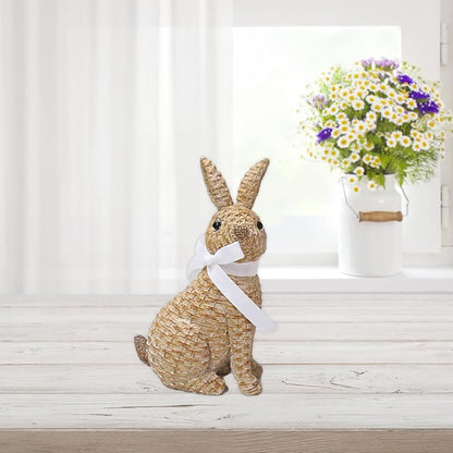 Rattan Rabbit Woven Rabbit Bow Resin Ornaments for Home Courtyard Lawn Tabletop and Easter Decoration to Enhance The Easter Atmosphere Preferred Easter Gifts (8.1in Brown Seat)