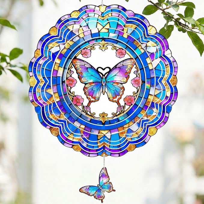 Butterfly Wind Spinner Outdoor Hanging for Yard Garden for Women Mom Grandma Birthday,12 inch 3D Hanging Wind Sculptures Metal Wind Spinners for Outside, Garden, Patio, Yard Decor