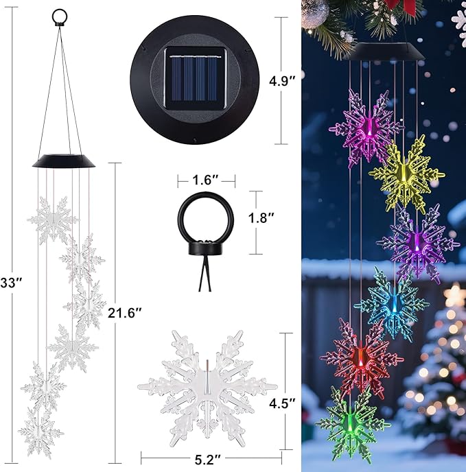 Snowflake Wind Chime,Christmas Solar Wind Chimes for Outside,Waterproof Hanging Solar Lights 6 Color Changing LED Light Windchime Outdoor Decor Gift for Holiday Garden Porch Patio Yard Decor