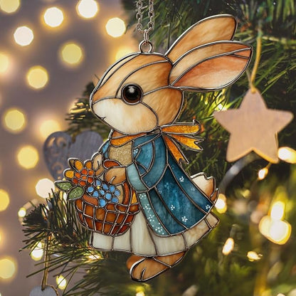 Whimsical Rabbit Floral Mosaic Decor Acrylic Suncatcher Stained Glass Effect Window Car Hanging Christmas Ornament Indoor Outdoor Decor Garden Sun Catcher Panel for Easter Lover for Women Mom Grandma