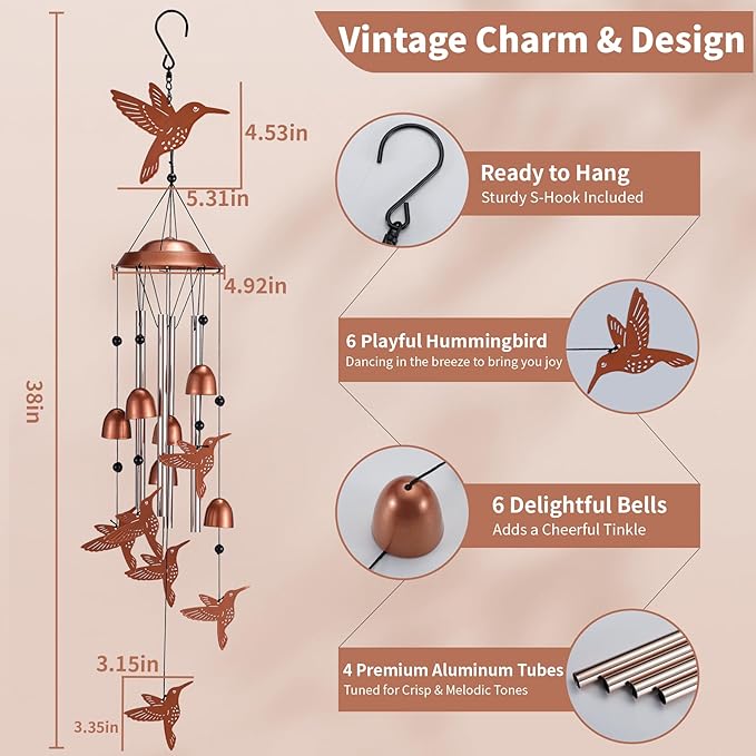 Hummingbird Wind Chimes for Outside, Memorial Windchimes Outdoor Garden Patio Decor, Gardening Gifts for Women Mom Grandma Bird Lovers