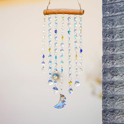 13.3inch Crystal Moon Star Prism Suncatcher Rainbow Maker Pendant Window Garden Hanging Decoration Ornament for Christmas Tree Crystal Wind Chimes