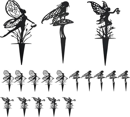 Decorative Garden Stakes， Fairy Garden Stakes, Butterfly Fairy Stakes for Weather Resistant Black Metal Outdoor Decorative Art for Women Gift (Matte Black, 18P-A)