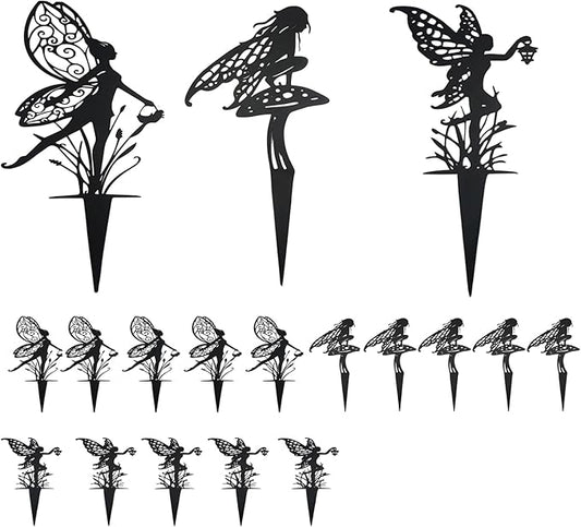 Decorative Garden Stakes， Fairy Garden Stakes, Butterfly Fairy Stakes for Weather Resistant Black Metal Outdoor Decorative Art for Women Gift (Matte Black, 18P-A)