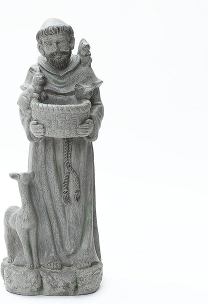 LuxenHome Outdoor St. Francis Statues, 27.6" Saint Francis of Assisi MgO Garden Statue with Animal & Birdbath Bowl, Religious Statues for Patio Yard Home Decor, Outdoor Garden Sculptures