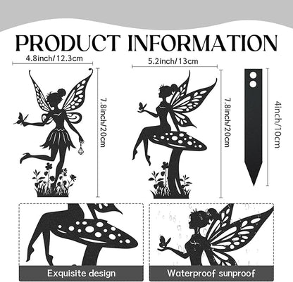 Fairy Garden Decor for Outside - 2 Pcs Metal Yard Stakes Decorative Lawn Patio Pathway Signs Black Silhouette Statue Ornaments Appreciation Housewarming Birthday Gifts for Women Girls Mom