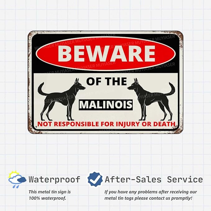 Beware Of The Dog Malinois Sign Aluminum Metal Tin Signs Outdoor Yard Sign Warning Sign For Fence Yard Home Kitchen Farm Garden Wall Decor 8x12 Inch