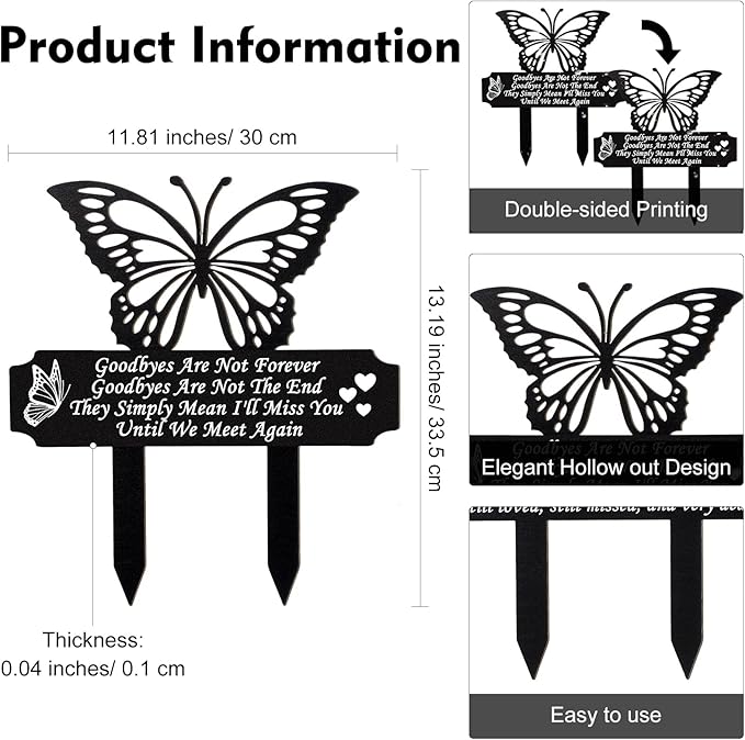 Buryeah Grave Decoration for Cemetery Butterfly Memorial Stake Headstone for Grave Memorial Garden Decor Waterproof Double Sided Print Metal Cemetery Marker, 13.19 x 11.81 Inches(Vivid Style)