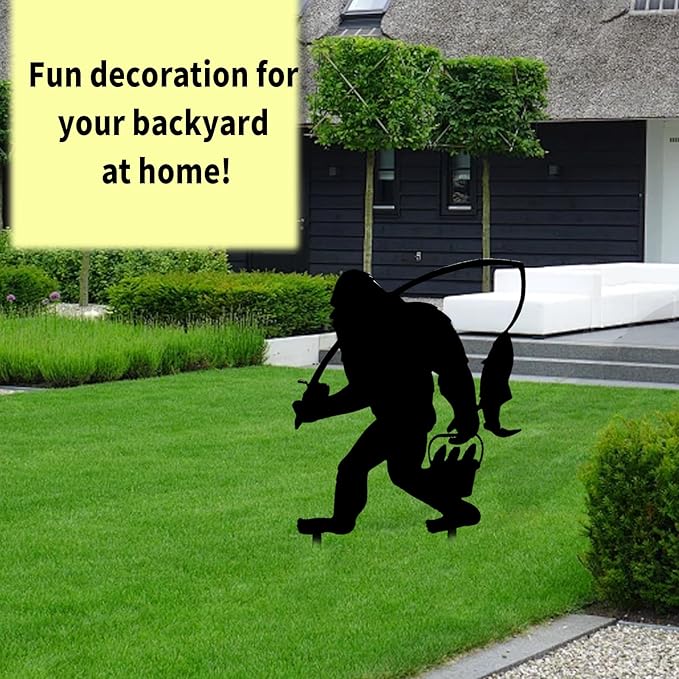 2025 Funny Bigfoot Garden Stake Metal Sign Art Yard Animal Decoration, Various Metal Sasquatch Black Big Foot Sculpture Outdoor Silhouette Statues for Garden Yard Patio Lawn (Fishing)