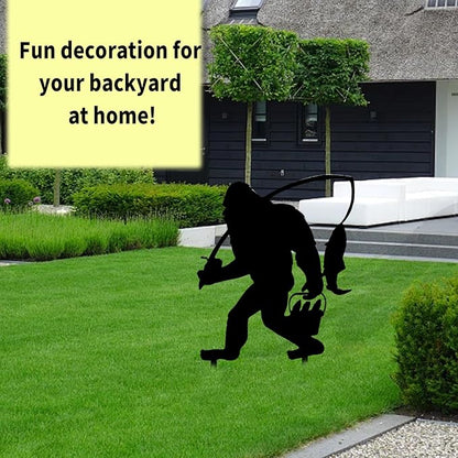 2025 Funny Bigfoot Garden Stake Metal Sign Art Yard Animal Decoration, Various Metal Sasquatch Black Big Foot Sculpture Outdoor Silhouette Statues for Garden Yard Patio Lawn (Fishing)