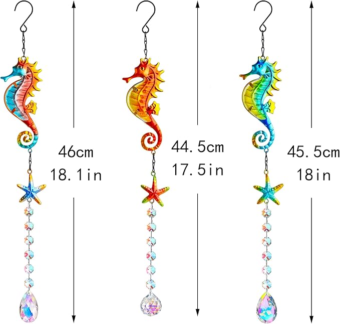 3PCS Seahorse & Starfish Crystal Suncatchers, Stained Glass Metal Hanging Sun Catcher Set with Colorful Crystal Prisms, Rainbow Maker Window Garden Patio Fence Décor
