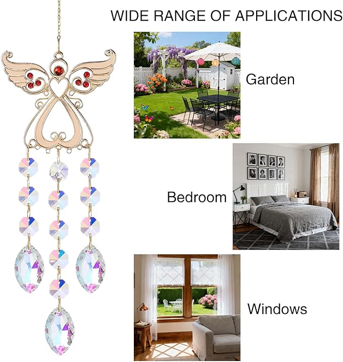 Angel Sun Catcher with Crystal, White and Silver, Metal and Crystal, 15 Inch, Hanging Wind Chime Ornament for Windows, Garden, Home Decor, Wedding, Christmas Tree (Red)