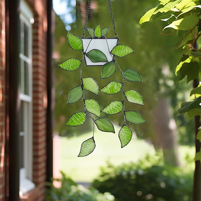Stained Glass Leaf Hanging with Metal Chain, Green Window Decoration for Home, Gift for Mom, Father & Nature Lovers.