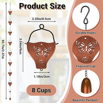 7.78ft Rain Chains for Outside, 8 Cups Copper Plated Lotus Rain Chain Cups, Adjustable Rain Catcher Chain with Bell for Eaves Drainage, Replacement for Downspout (Butterfly+Retro Copper)