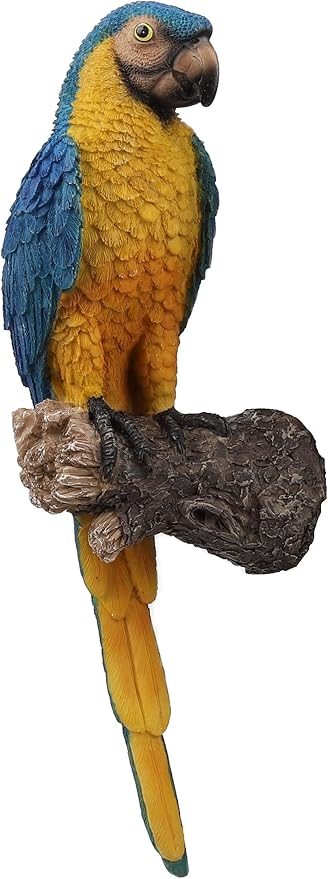 Tropical Parrot Statues Hanging Decor,13.6''(H) Wall Decor Parrot Sculpture for Home Porch Patio Door,Resin Macaw Statue Outdoor Garden Yard Tree Art Ornaments(Blue-and-Yellow)