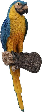 Tropical Parrot Statues Hanging Decor,13.6''(H) Wall Decor Parrot Sculpture for Home Porch Patio Door,Resin Macaw Statue Outdoor Garden Yard Tree Art Ornaments(Blue-and-Yellow)