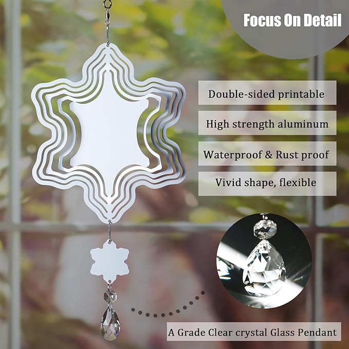 4Pack 8inch Sublimation Wind Spinner Blanks 3D Aluminum Metal Wind Sculpture Kinetic Spinners for Yard and Garden Indoor Art Sublimation Christmas Ornament Hanging Decoration (Snowflake)