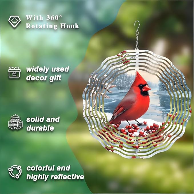 10 Inch Cardinal Bird Wind Spinner, 3D Stainless Steel Hanging Kinetic Wind Sculpture Gifts for Garden Decor Yard Art Indoor Outdoor Window Porch Lawn Decoration