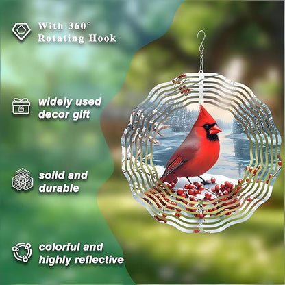 10 Inch Cardinal Bird Wind Spinner, 3D Stainless Steel Hanging Kinetic Wind Sculpture Gifts for Garden Decor Yard Art Indoor Outdoor Window Porch Lawn Decoration