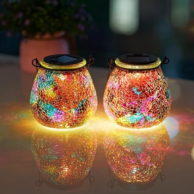 Stargarden 4 Pack Mosaic Solar Lantern ,Outdoor Hanging Waterproof Mosaic Light Solar Table Lamp for Garden ,Patio,Yard Decor (Red)