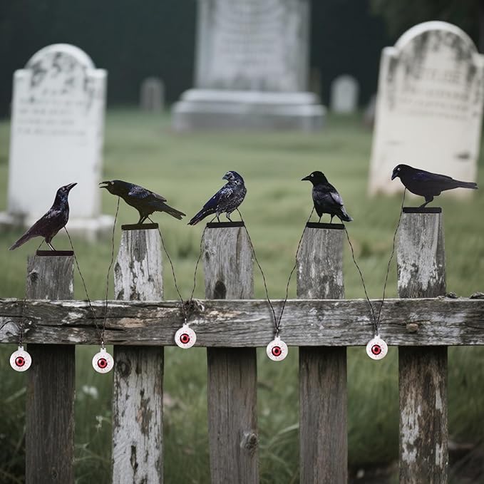Halloween Outdoor Decor Metal Crow and Eyeball Solar Powered Lights Gothic Yard String Lights, Mini Garden Ornaments, Fence Toppers, Halloween Party and Home Decor (Set of 5)