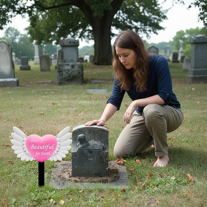 Angel Heart Memorial Grave Stake with Too Beautiful for Earth - Metal Sympathy Grave Marker, Rust-Resistant Outdoor Cemetery Decoration(Heart Angel)