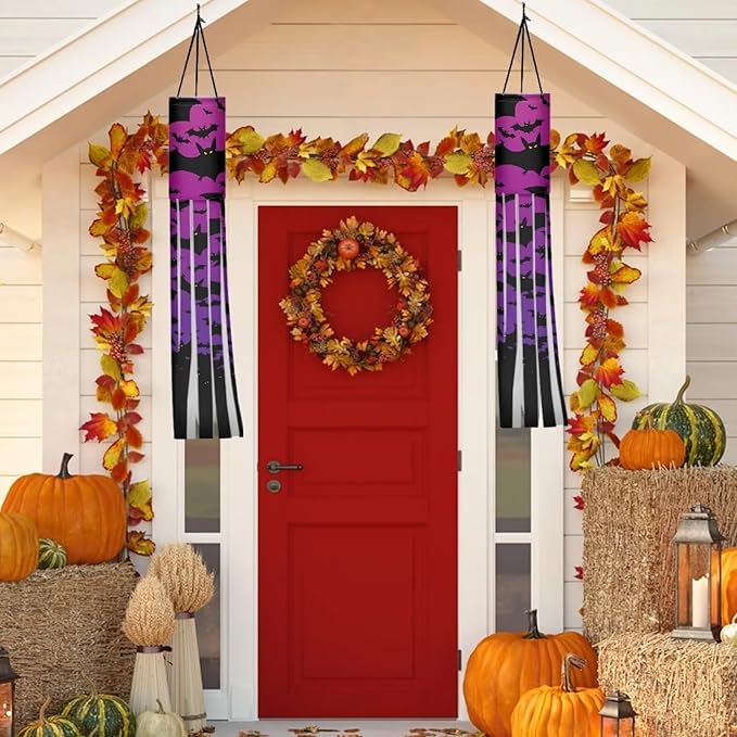 Halloween Purple Black Bat Windsock 2 Pieces Front Yard Patio Lawn Garden Party Decor Halloween Spooky Horror Decoration Machine Washable