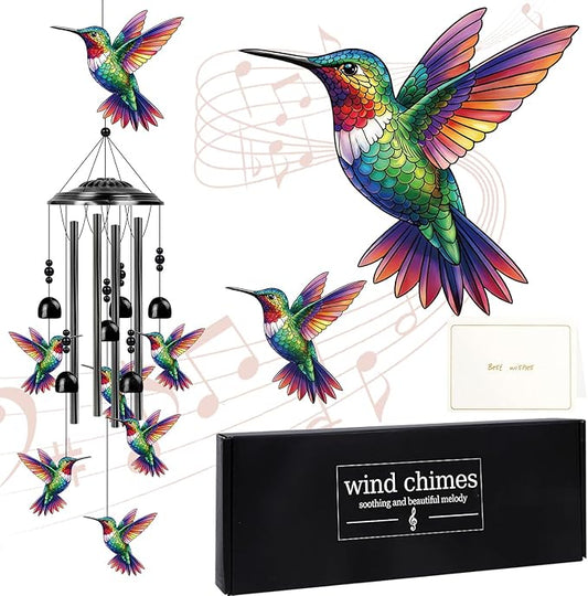Hummingbird Wind Chimes for Outside - Colorful Hummingbird Gifts for Women Men Mom Grandma Mother's Day, Black Metal Wind Chimes for Outdoor Garden Patio Yard Decor