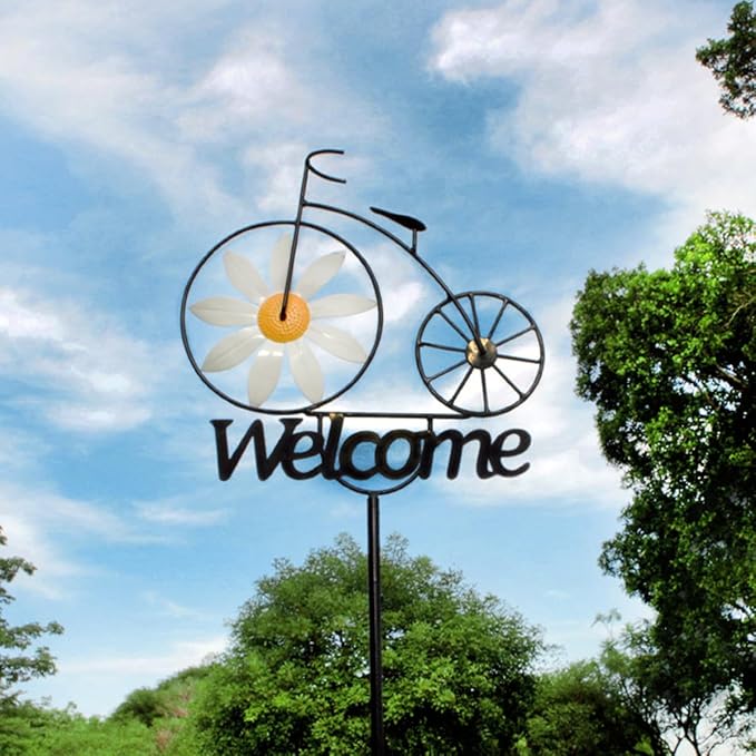 Metal Wind Spinner, 47" Tall Bicycle Wind Sculptures, Daisy Flower Windmill Bike Pinwheel Garden Stake Welcome Sign for Patio Lawn Farm Backyard Decorations