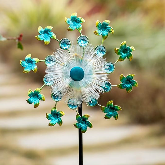 46" Flower Solar Wind Spinners Led Garden Wind Spinner, Sapphire Kinetic Windmill Wind Spinner Outdoor Decor, Solar Wind Sculpture Yard Art for Patio, Lawn & Garden