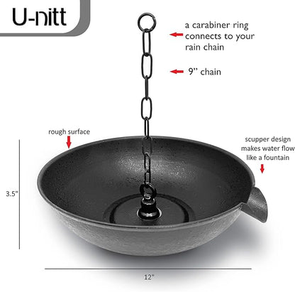 U-nitt 12" Spill Bowl Downspout Catch Basin for Rain Chain Anchoring & Stake | Rainwater Collection for Roof |Gutter Catch Basin | Good for Water Fountain & Birdbath | Black | Handles Heavy Rain