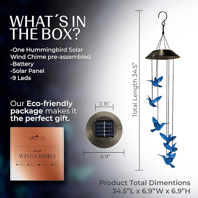 Upblend Outdoors Hummingbird Solar Wind Chimes for Outside – Color Changing LED Wind Chimes for Outside, Solar Chimes Outdoor Waterproof – Hummingbird, Blue