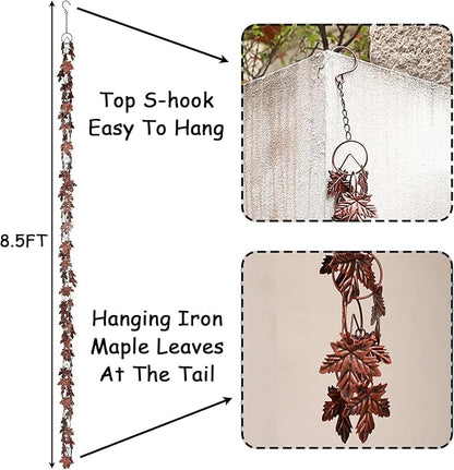 Maple Leaf Rain Chain, 8.5 Feet Rain Chains for Gutters Downspouts, Rain Gutter Catcher Chain for Outside Garden Patio, Metal Decorative Hanging Rain Chime for Downspout, Vintage Copper