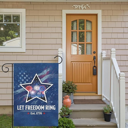 Fourth of July Patriotic Garden Flag Let Freedom Ring Yard Flags Independence Day Double Sided American Star Fireworks House Banner for Porch Patio Memorial July 4th Home Decor 12 x18 Inch
