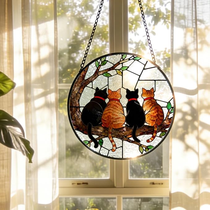 Black and Orange Cat Tree Stained Glass Window Hanging, Four Cats on Tree Branch Suncatcher Indoor Window Glass Round Wall Art Decor, 7.9x7.9 Inch
