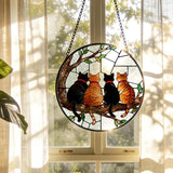 Black and Orange Cat Tree Stained Glass Window Hanging, Four Cats on Tree Branch Suncatcher Indoor Window Glass Round Wall Art Decor, 7.9x7.9 Inch