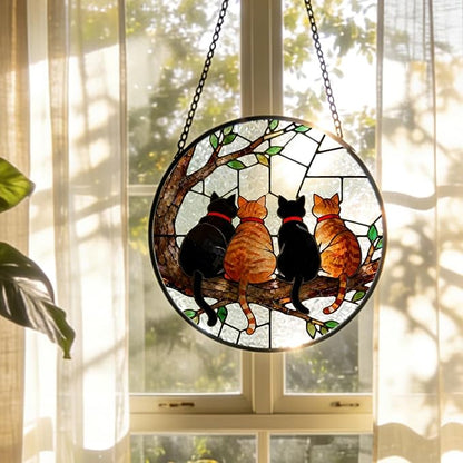 Black and Orange Cat Tree Stained Glass Window Hanging, Four Cats on Tree Branch Suncatcher Indoor Window Glass Round Wall Art Decor, 7.9x7.9 Inch