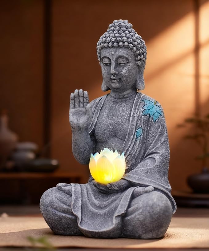 Nacome Solar Buddha Garden Statues with Lotus Flower: Resin Zen Decor Waterproof Sculpture Outdoor Light Design for Outside Patio Lawn Yard Balcony - 10.6 inches(Grey)