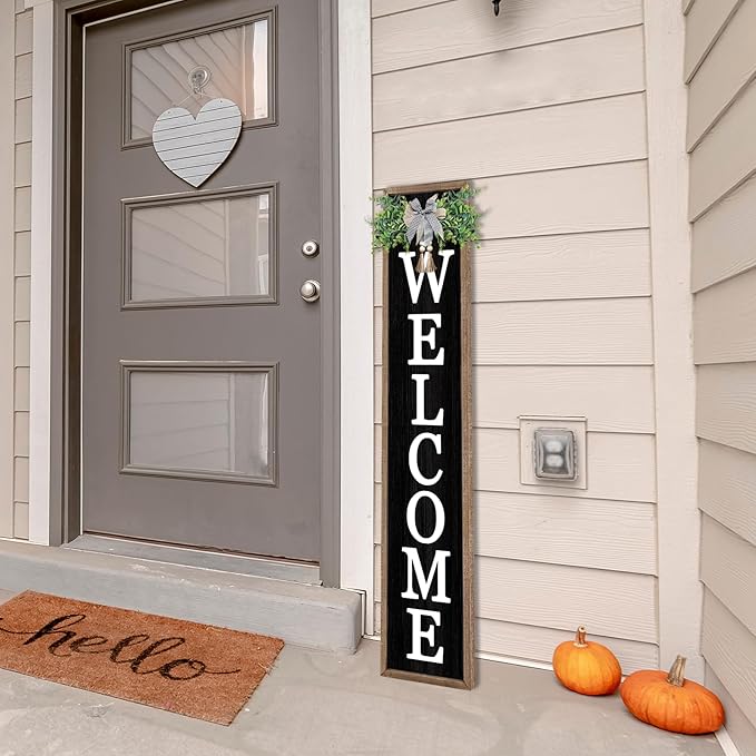 flowtorely Outdoor Welcome Sign for Front Porch Standing 45"×9" Tall Wood Frame Vertical Leaner farmhouse Outside Rustic Large Welcome Sign for Front Door Home Decorations (Wood)