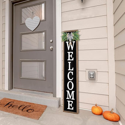 flowtorely Outdoor Welcome Sign for Front Porch Standing 45"×9" Tall Wood Frame Vertical Leaner farmhouse Outside Rustic Large Welcome Sign for Front Door Home Decorations (Wood)