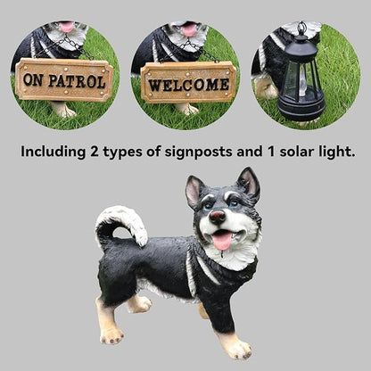 Black Husky Path Companion with Solar Lantern and Double-Sided Sign, Standing Husky Statue for Terrace, Walkway, Patio & Porch