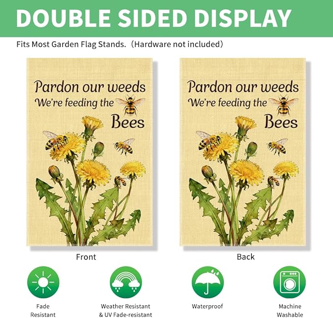 Perfectinsoy Pardon Our Weeds We're Feeding the Bees Garden Flag, No Mow Sign, Pollinator Friendly Garden Sign, Bee Lover Gifts for Gardeners Bee Keepers, Welcome Yard Farmhouse Spring Outdoors Decor