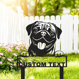 Custom Metal Pug Dog Garden Stake Sign, Personalized Pet Dog Statue Sculpture Garden Marker Outdoor Sign, Customized Cute Animal Pug Yard Art Backyard Lawn Signs Plaque with Stakes