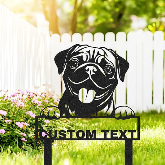 Custom Metal Pug Dog Garden Stake Sign, Personalized Pet Dog Statue Sculpture Garden Marker Outdoor Sign, Customized Cute Animal Pug Yard Art Backyard Lawn Signs Plaque with Stakes
