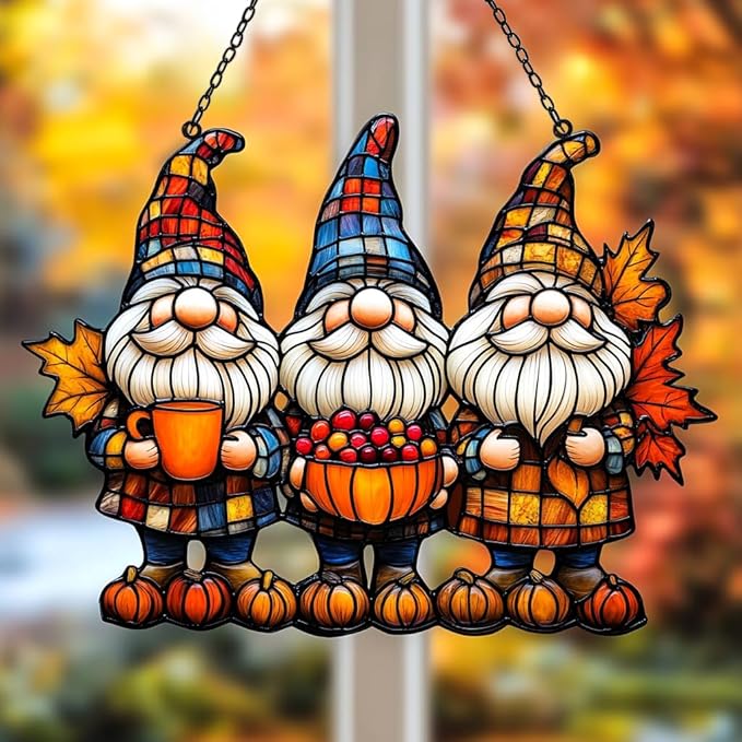 Autum Gnome Punpkin Acrylic Suncatcher Stained Glass Effect Window Car Hanging Christmas Ornament Indoor Outdoor Decor Garden Sun Catcher Panel for Acrylic Suncatcher Lover for Women Mom Grandma