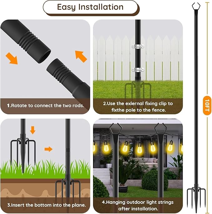 10Ft String Light Poles 8 Pack,Light Poles for Outside Lights,Outdoor with Fence Brackets Hanging Lights,Metal Stand Deck Patio Backyard