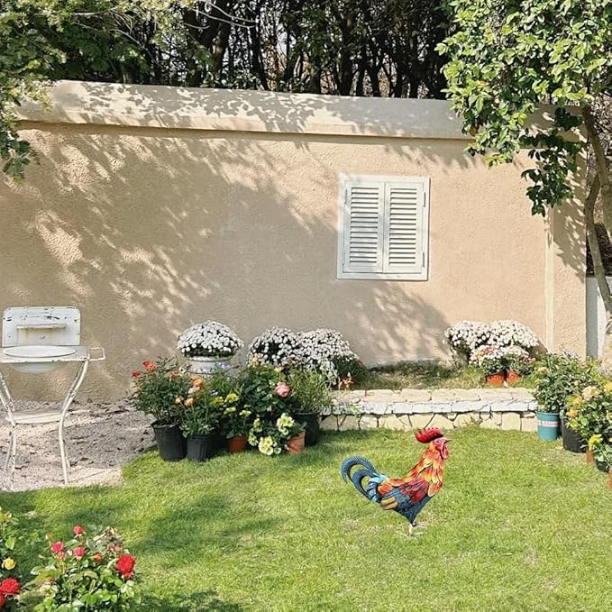 Rooster Garden Statue,12 in 2D Graphic Design Metal Rooster Decor Garden Statue with Stakes,Standing Small Metal Chicken Yard Decor Figurines,Patio Backyard Lawn Home Chicken Sculpture(Not 3D)