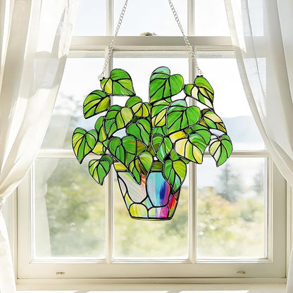 Stained Glass Plant Suncatcher Window Hanging, Marzovitra 10 Inch Real Glass Potted Green Leaves Sun Catcher with Chain Botanical Sun Catcher Window Decor for Home Garden, Plant Lover Gift